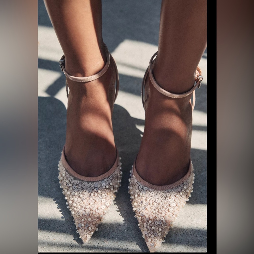NEW Women Zara Glitter Mesh Slingback Heels 7.5 shoes Beige 2257/510 - Picture 4 of 6